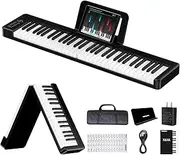 61-Key Foldable Digital Piano Keyboard, Full Size Semi-Weighted Keyboard & 1800mAh Battery Support USB/MIDI with Bluetooth Sheet Music Stand Sticker Bag Audio Cable Earphones Fit for Beginners Kids