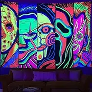 ARTCREATOR Black Light Art Halloween Wall Decor Trippy Blacklight Horror Face Tapestry, UV Reactive Tapestries Glow in The Dark Party Tapestry for Bedroom, Living Room (29" x 37")