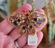 Vintage Kramer Gold Rhinestone Butterfly Pin Amber Brooch Original Tag | F795