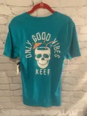 REEF Only Good Vibes, Men's Back-Print Tee in Teal Size Small NEW With Tags