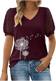 [Generic] Basic T Shirts for Women V Neck Chiffon Puff Sleeves Top Lightweight Breathable Summer Shirts Loose Fit Casual Outfits