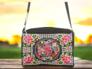 Fabric Flower Double-Sided Embroidered Shoulder Bag with Adjustable Strap