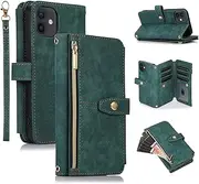 UEEBAI Case for iPhone 11 6.1 inch, 9 Card Slots Retro Leather Wallet Shockproof Flip Cover with Hand Strap Card Slots Zipper Pocket Kickstand Handbag Magnetic Closure - Retro Green