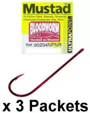 3 Packets of Mustad Bloodworm 90234NPNR Chemically Sharpened Long Shank Hooks