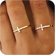 [Foxgirl] Cross Gold Rings for Women, Dainty Trendy Stackable Ring Set 14k Gold Plated Thin Cz Cross Finger Rings for Women Non Tarnish Simple thumb Rings for Momen Gold Jewelry Size 5-10