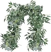 Fake Greenery Garlands Artificial Silver Dollar Eucalyptus Garland in Grey Green and Willow Twigs Garland Intertwined Together for Rustic Wedding Arch Swag Doorways Table Runner Decoration