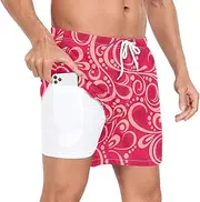 [GuoChe] Mens Swim Shorts Men 2In1 Workout Running Shorts Valentine's Day Red Hearts and Swirls with Liner Swimwear Quick Dry, Valentine's Day Red Hearts and Swirls, X-Large