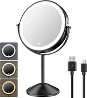 Benbilry 8" Lighted Makeup Vanity Mirror with 3 Color Dimmable Lights, 1X/10X Magnifying Rechargeable Double Sided Cosmetic Mirror, 360° Swivel Light Up Cordless Standing Mirror Black