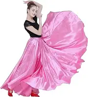 [Wuchieal] Women Satin Full Long Skirt for Belly Dance Flamenco Performance Costume Pink