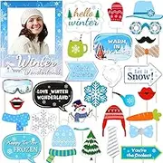 30pcs Winter Party Photo Props, Snowman Photo Booth Props, Christmas Snowman Snowflakes Winter Wonderland Patterns Selfie Photo Booth Picture Frame Props for Christmas Frozen Winter Party Decorations