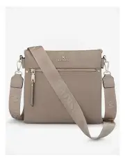 [Madison Accessories] Renee Zip Top 2 Compartment Crossbody Bag + Monogram Strap in Brown