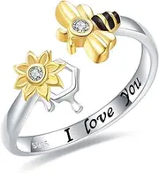 [WENDAO] 925-Sterling-Silver Honeycomb Bumble Bee Ring - Dainty Cubic Zirconia Adjustable Open Gold Honey Bee Rings CZ Cute Animal Lucky Pinky Toe Knuckle Thumb Ring Engraved 'I Love You Forever' Bumblebee Lovers Jewelry Gifts for Women Teen Girls