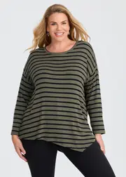 [Virtuelle] Taking Shape Stripe Asymmetrical Rib Top Size 26 in Olive / Black, Viscose - Plus Size Women's Clothing Olive / Black