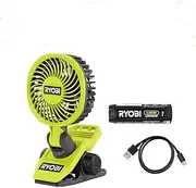 RYOBI USB Lithium Clamp Fan Kit with 2.0 Ah USB Lithium Battery and Charging Cable, GREEN