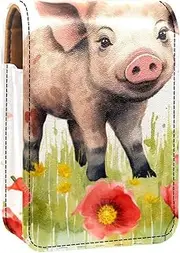 Travel Lipstick Organizer Case,Lipstick Case Portable Makeup Bag with Mirror,Animal Pig Flower Pattern