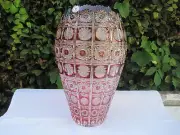 VINTAGE BOHEMIA GOLD RUBY QUEEN LACE CUT 24% LEAD CRYSTAL JAR SHAPE VASE 12" NIB