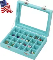 Mejell 24 Slot Velvet Glass Jewelry Box Organizer Rings Earrings Tray Display S