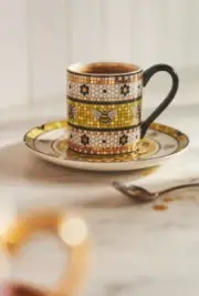 NIB Anthropologie Bistro Garden Tile Bee Yellow Espresso Cup and Saucer Set