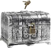 Treasure Chest with Lock And Key for Jewelry Storage And Party Use, Antique Silver, 14cmx10cmx9.5cm