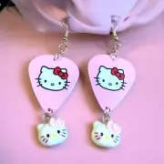 Pink Fender Guitar Pick Earrings With Hello Kitty MEOW