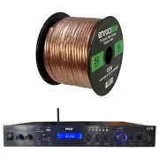 Pyle Home Amplified Bluetooth MP3 USB AUX FM Black Receiver, w/ 16-G 50 Ft Wire