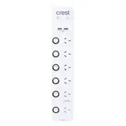 Crest Surge Protected 6-Socket Power Board w/ 6x Switches/2x USB-A Ports White