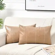 Fancy Homi 2 Packs Tan Lumbar Waterproof Faux Leather Decorative Throw Pillow Covers 12x20'' Outdoor Couch Bed,Beige Hand Stitched Cushion Case 30x50cm,Taupe Modern Farmhouse Home Decor 9X-481C-KKUX
