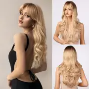 Blonde Wig with Bangs - Long Wavy Ombre Curtain Bang Wigs for White Women, Li...