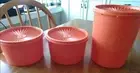 New Tupperware Servalier Canisters Set of 3 & Seals Orange Scroll Design