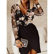 Women's Sequin Dress Mini Dress Sequins Patchwork Casual V Neck Long Sleeve Black Pink Wine Color
