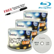 150 Smartbuy BD-R 6X 25GB Logo Blank Media Record Disc + Black Permanent Marker