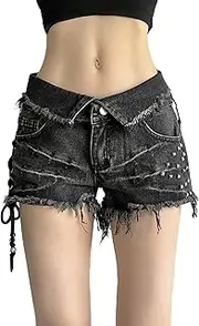 [HongYunAu] Women's Black Retro Studded Denim Shorts Summer Street Hipster Hot Pants