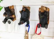 Whimsical Rustic 3 Acrobatic Black Bears Hanging On Tree Wall Hooks Set