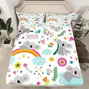 [Erosebridal] Koala Sheet Set Twin Size Rainbow Bedding Set for Kids Girls Women Bohemian Leaves Fitted Sheet Cartoon Animal Floral Botanical Bed Cover with 1 Pillow Case Colourful Gray Green
