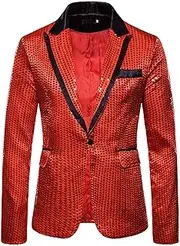 [Generic] Men's Sequins Suit Jacket Shiny Sparkly One Button Blazers Glitter Clothes Party Tuxedo Wedding Prom Festival Costume, A-red, Medium