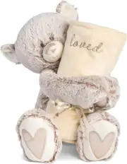 DEMDACO Loved Tan Polyester Soft Plush Teddy Bear and Receiving Blanket Set of 2