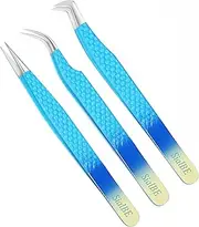 Eyelash Extension Tweezers-3 Pcs Diamond Grip Lash tweezers For Eyelash Extensions- Straight And Curved L-Shape Eyelash Tweezers, Tweezers For Eyelash Extensions With Silver Tip