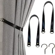 Leather Curtain Tiebacks Curtain Tiebacks Hooks Curtain Holders for Wall, glrovazas 2Pcs Drapery Tiebacks with Metal Hooks Leather Drapery Tiebacks for Balcony Room Cafe (Black)