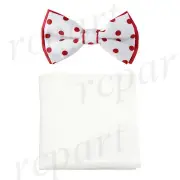 New men's pre-tied polka dot two tone bowtie white hankie set red formal party