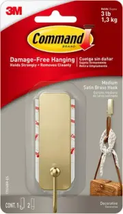 Command Medium Satin Brass Wall Hook, 1 Hook and 1 3 Pound,