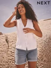 White Linen Sleeveless Lined Waistcoat (AB6574) | $40