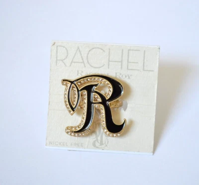 New RACHEL ROY Gold Tone Adjustable Ring Letter R black enamel rhinestone 6-8