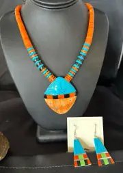 Spiny Oyster Blue Turquoise Shell Pendant Santo Domingo Necklace 22" 15231
