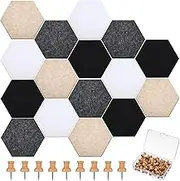 16 Pcs Hexagon Cork Board for Walls with 50 Wooden Push Pins 6.7 x 5.9 in Felt DIY Tiles Notice Self Adhesive Hanging Bulletin Board for Home Photo Office Memo Note(Classic Colors)