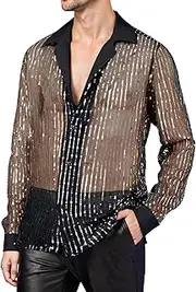 [FEOYA] Men's Sequins Shirt Shiny Dress Shirt 70s Disco Sparkly Top Button Down Dance Nightclub Blouse Long Sleeve M-3XL
