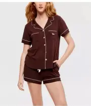 Medium Peter Alexander Chocolate Bamboo Shortie Set With Matching Pj Bag RRP$129