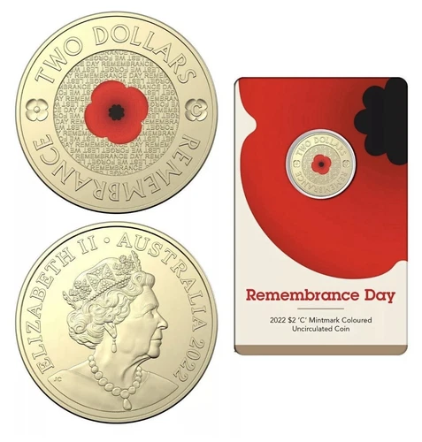 2022 $2 "C" MINTMARK RED POPPY REMEMBRANCE COLOUR UNC COIN ON CARD RAM