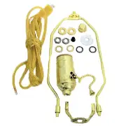 BRASS-PLATED LAMP PART KIT: 8' GOLD CORD, PULL-CHAIN SOCKET, 9" HARP