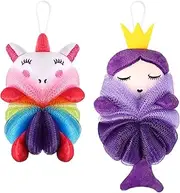 MKUCCD 2 Pcs Bath Loofahs Kids Toddler Cute Cartoon Bath Sponges Loofah Bath Pouf Body Scrubber Mesh Loofah Sponges for Children Shower Washing Exfoliating (Unicorn, Princess)