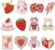 12Pcs Strawberry Iron on Patches Cute Fruit Cake Bow Sew on Repair Embroidered Applique Pink Red Coquette Aesthetic Girly Style DIY Craft Accessories Gifts for Preppy Girls Women Clothing Backpack Hat